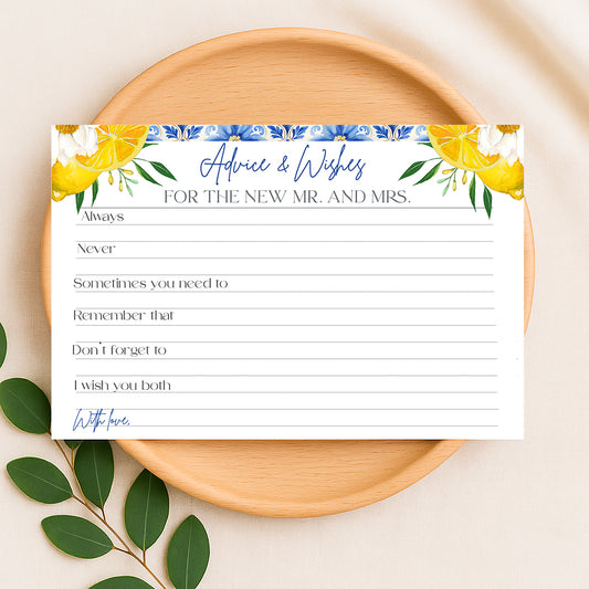 Mediterranean lemon advice and wishes card with blue tile border, Amalfi Coast bridal shower game, Italian citrus wedding activity