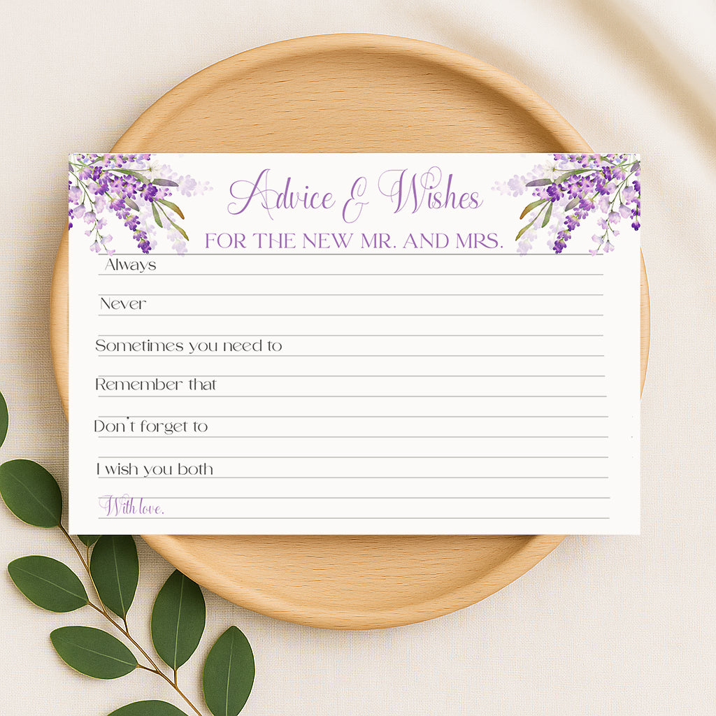 Lavender date night cards with purple floral design for bridal shower game and wedding activity where guests share date ideas.