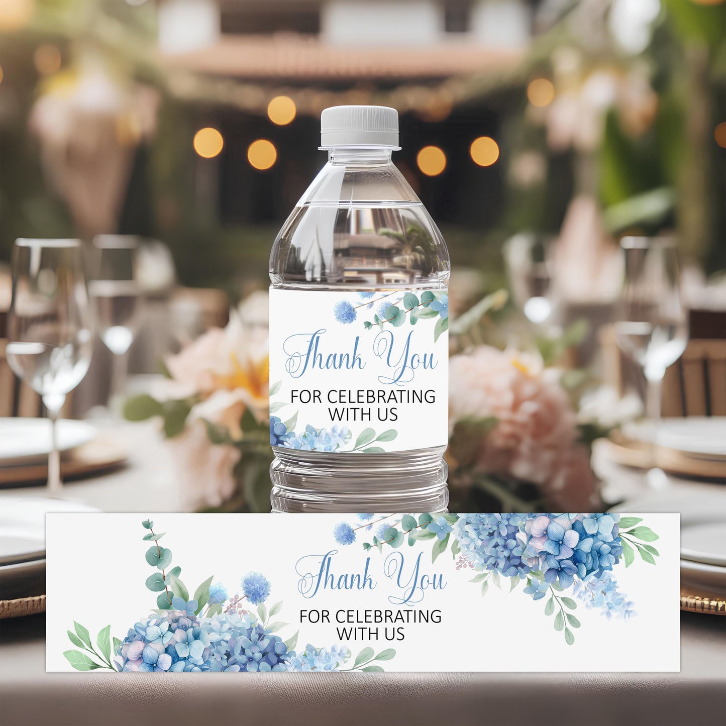 Hydrangea water bottle labels blue floral wedding drink labels thank you stickers