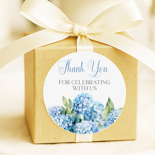 Blue floral thank you stickers hydrangea wedding or shower favor labels