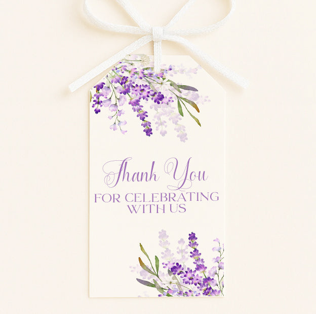 Lavender floral thank you favor tags with purple flowers and ribbon, attached to gifts for bridal shower or wedding favors.