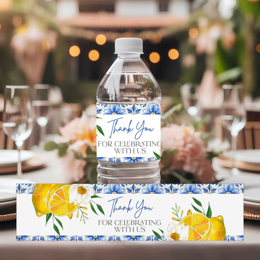Mediterranean lemon water bottle label on clear bottle with blue tile pattern and citrus design, Amalfi Coast bridal shower decor, Italian summer party table setting