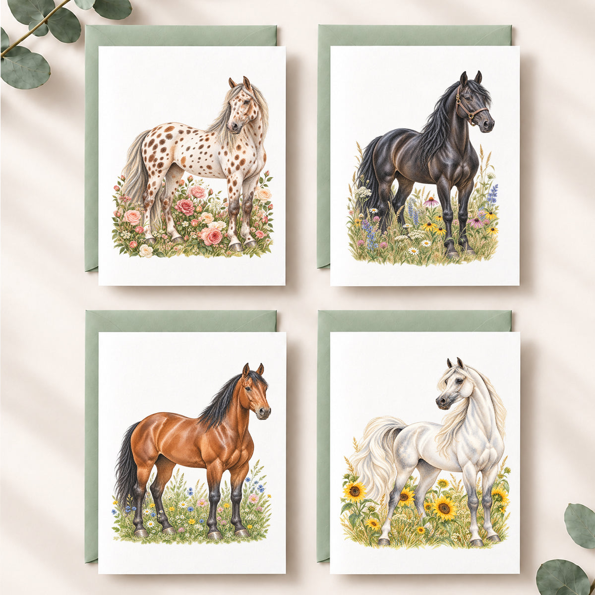 Four art cards featuring watercolor illustrations of different horse breeds in a field, arranged in a 2x2 grid on a light beige background with eucalyptus leaves.
