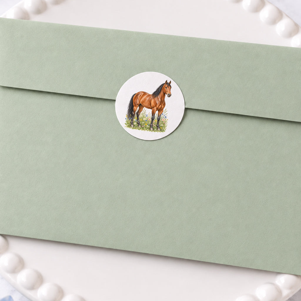 Close-up of a sage green envelope sealed with a round horse sticker featuring a watercolor chestnut horse standing among wildflowers. Styled on a white decorative plate with soft floral accents for an elegant stationery presentation.