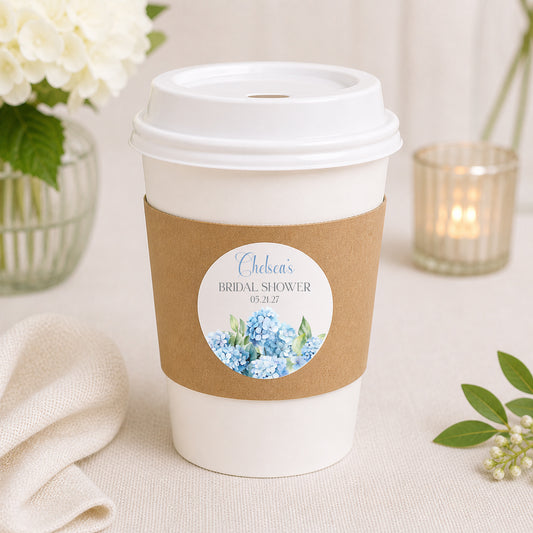 Personalized hydrangea bridal shower coffee cup with sleeve and custom round sticker