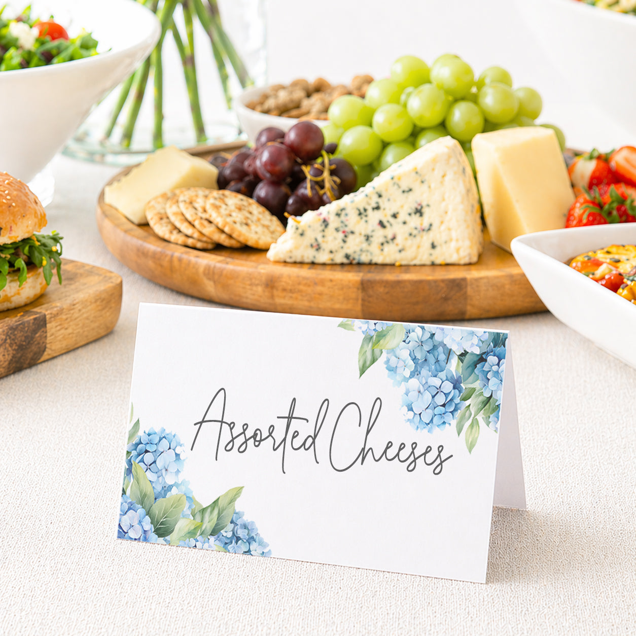 Hydrangea place card for food labels wedding buffet table sign