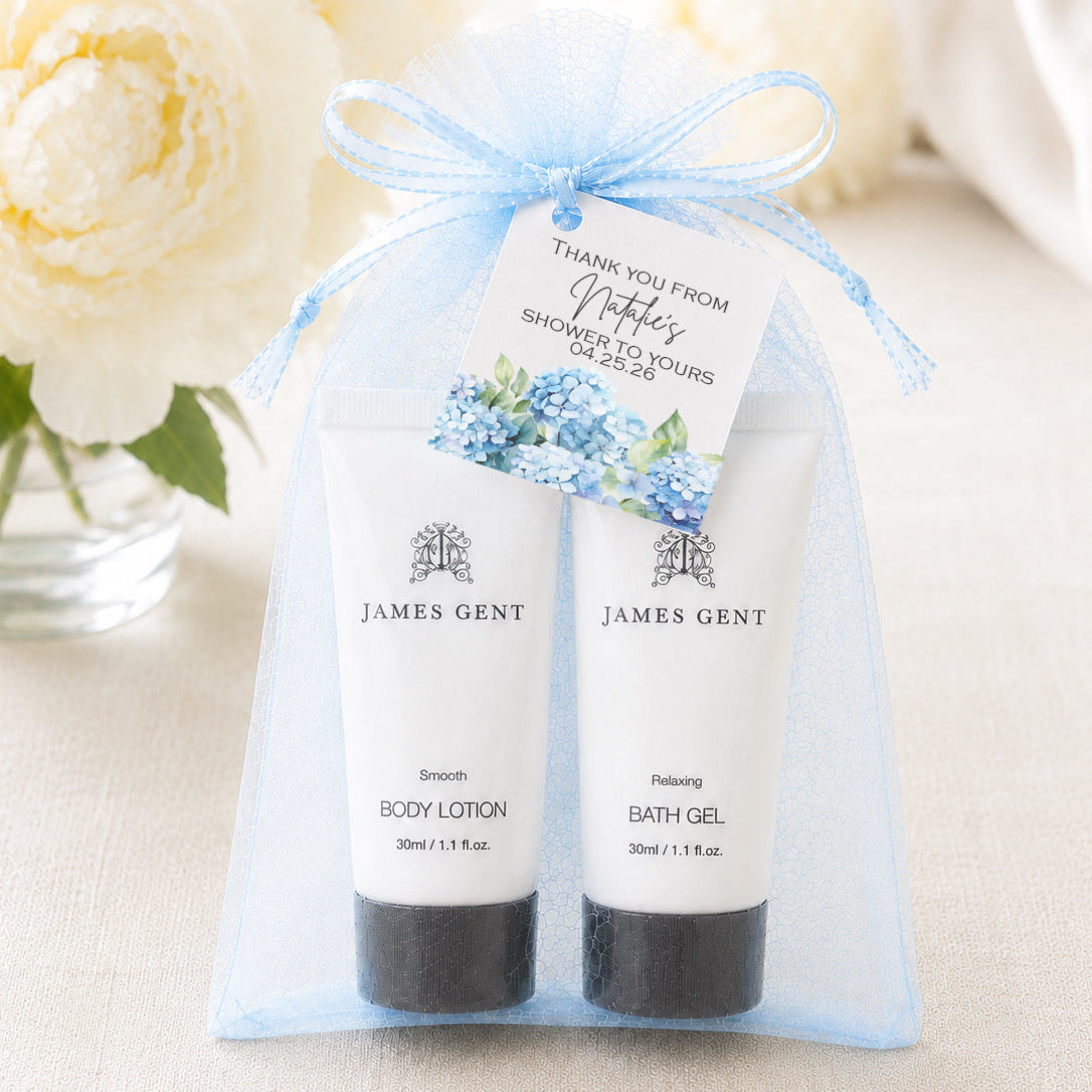 Hydrangea bridal shower spa favor set featuring bath gel, lotion, loofah, blue organza bag, and custom thank you tag