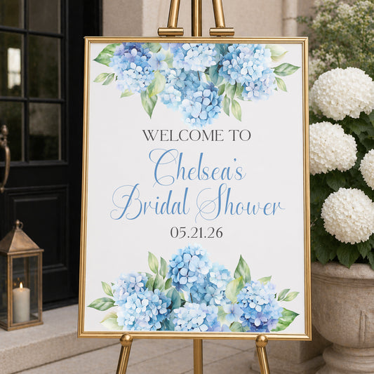 Personalized bridal shower welcome sign with blue hydrangeas elegant event signage