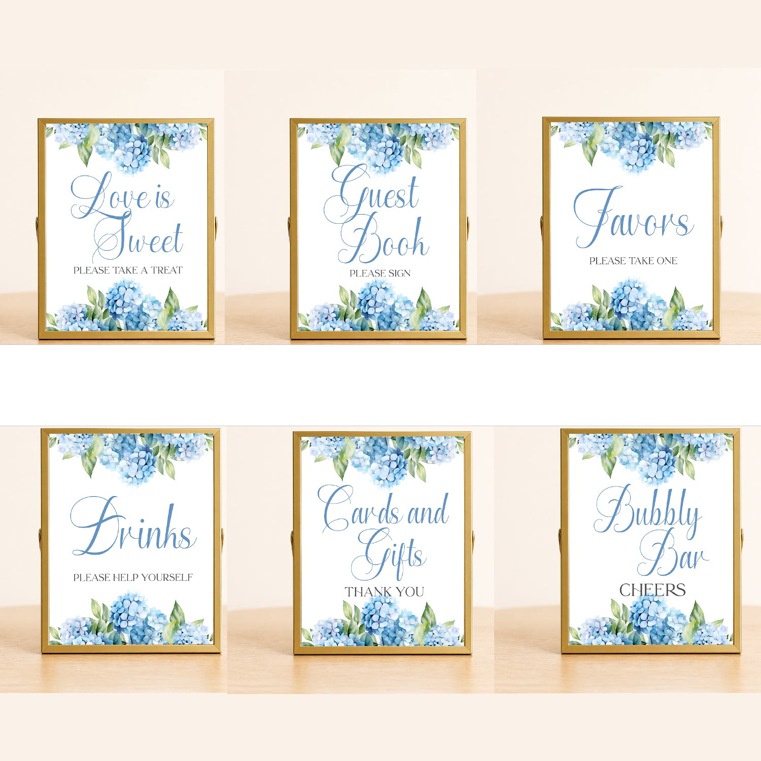 Hydrangea bridal shower sign set blue floral party signs dessert drinks favors