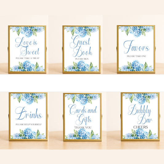Hydrangea bridal shower sign set blue floral party signs dessert drinks favors