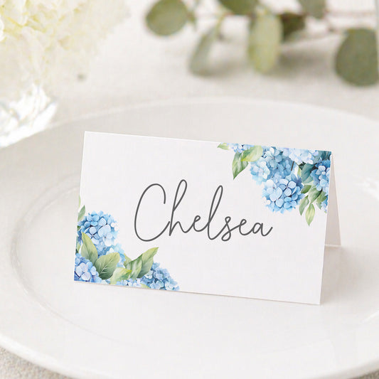 Place card with blue hydrangea design 