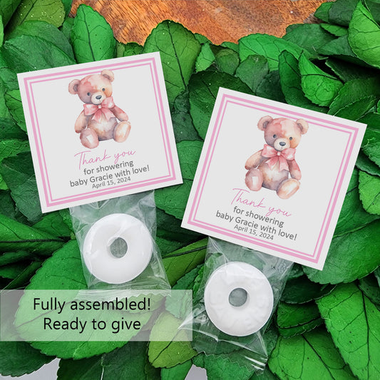 Girl Bear baby shower - Personalized mints - girl baby bear favors - baby shower mints -  girl bear 1st birthday - personalized candy