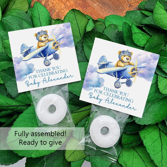 Teddy bear Baby shower mints - Personalized mints - teddy bear shower candy - airplane baby shower - landing soon