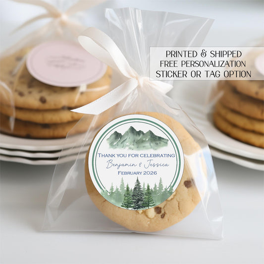 Mountain favor stickers - Printed mountain tags - Mountain engagement favor stickers - The adventure begins party - adventure party