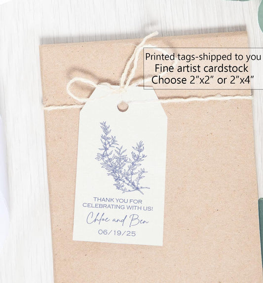 Dusty blue floral tags for weddings, engagement, bridal shower, baby showers. Printed tags for favors, welcome bags, thank you gifts