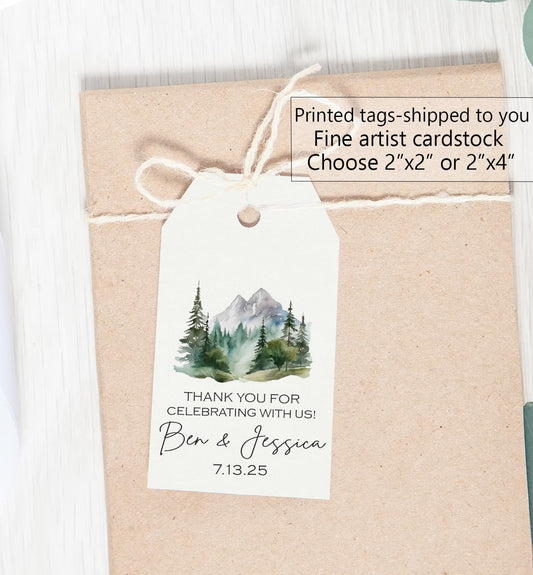 Mountain favor tags for weddings, bachelorette, engagement party, bridal shower, birthday, forest, rustic, wedding welcome bags, thank you