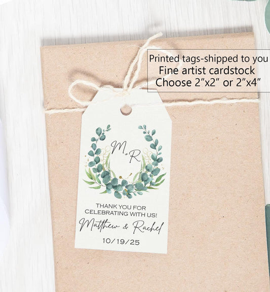 Eucalyptus tags for weddings, engagement, bridal shower, baby showers, birthdays. Printed tags for favors, welcome bags, thank you gifts