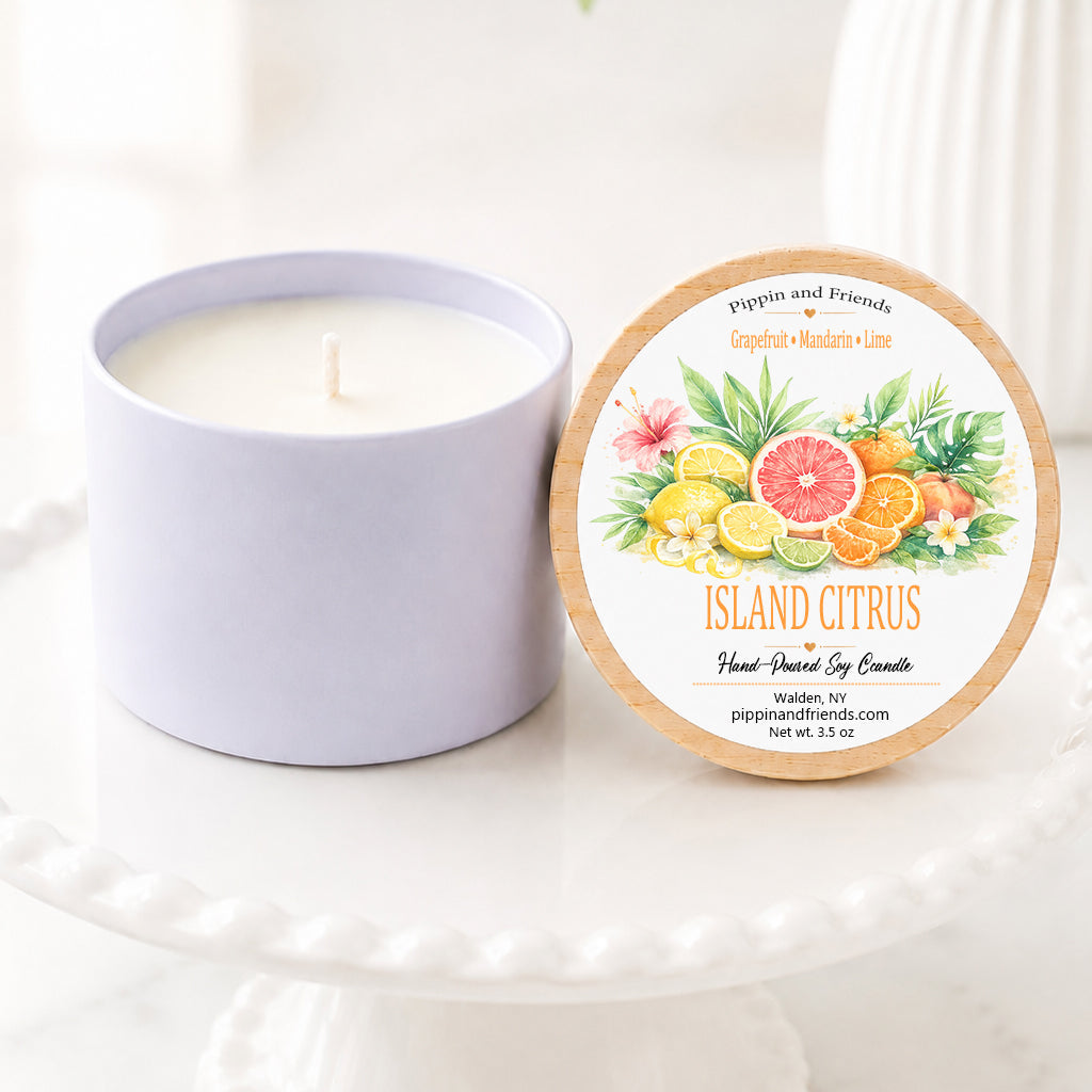 A  soy candle in a matte cup container sits next to its illustrated lid on a white pedestal. The lid features a colorful print of citrus fruits, pineapples, and flowers with the scent name 'Island Citrus' and brand 'pippin and friends'.