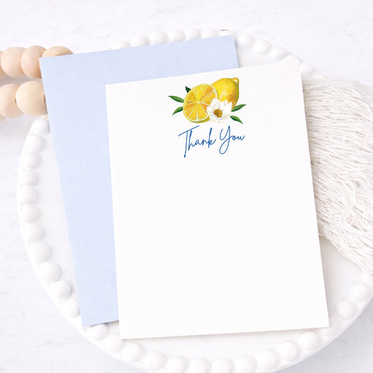 Amalfi Coast lemon thank you cards with citrus artwork and blue envelope, Mediterranean wedding stationery, Italian bridal shower thank you notes