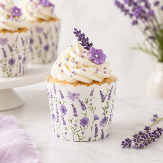 Lavender floral cupcake liners used for dessert display at bridal shower or wedding