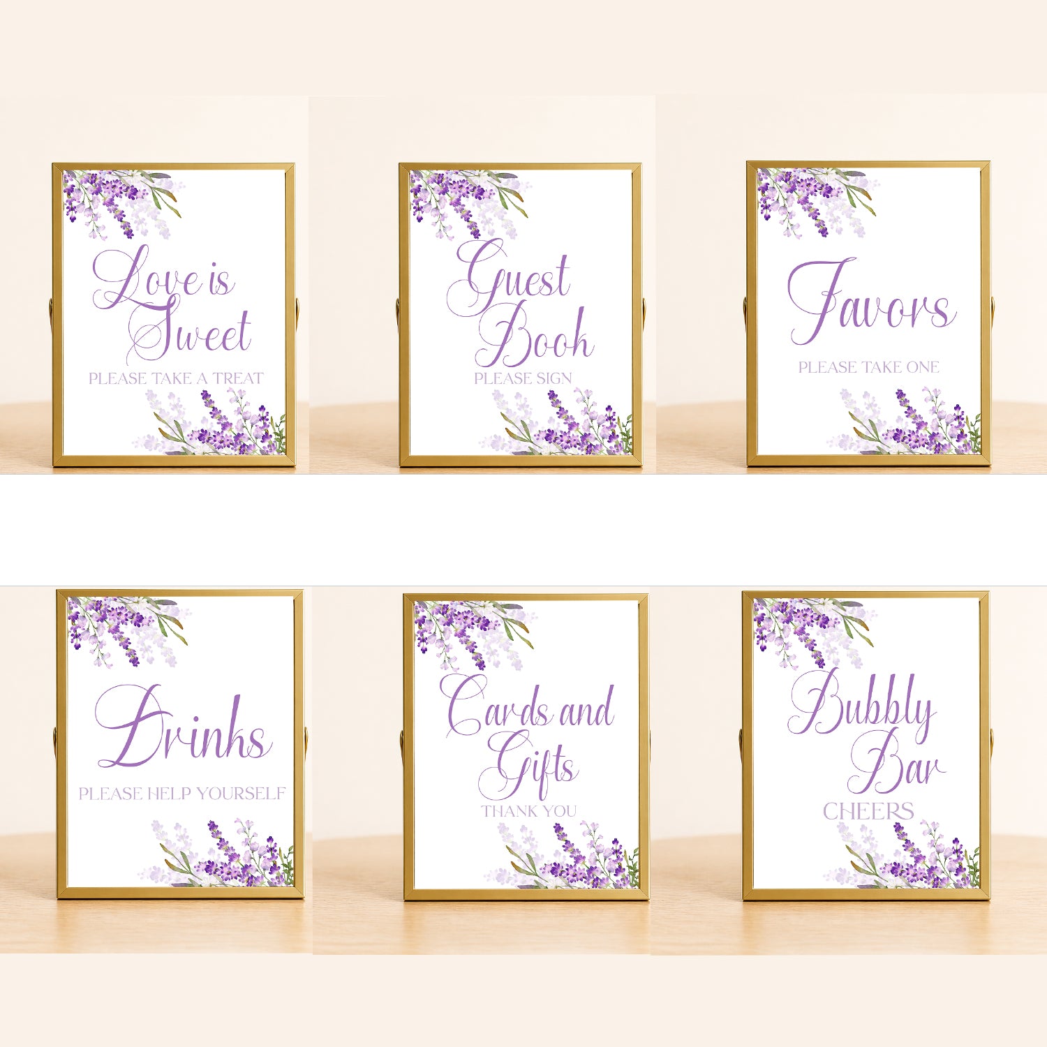 Lavender wedding sign set with six purple floral signs including guest book, favors, drinks, bubbly bar, cards and gifts, and dessert table decor for bridal shower or wedding.
