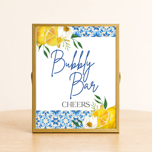 Lemon cocktail bar sign citrus party decor with blue tile pattern