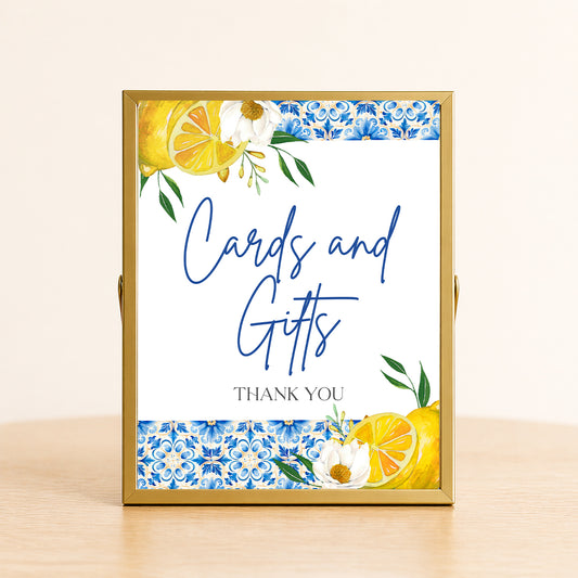 Amalfi Coast cards and gifts sign with lemon artwork and blue tile pattern, Mediterranean wedding gift table decor, Italian bridal shower signage