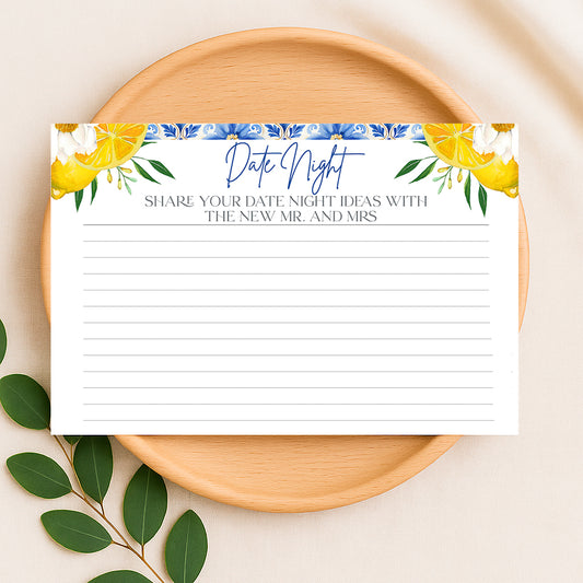 Mediterranean lemon date night ideas card with blue tile border, Amalfi Coast bridal shower game, Italian citrus wedding activity