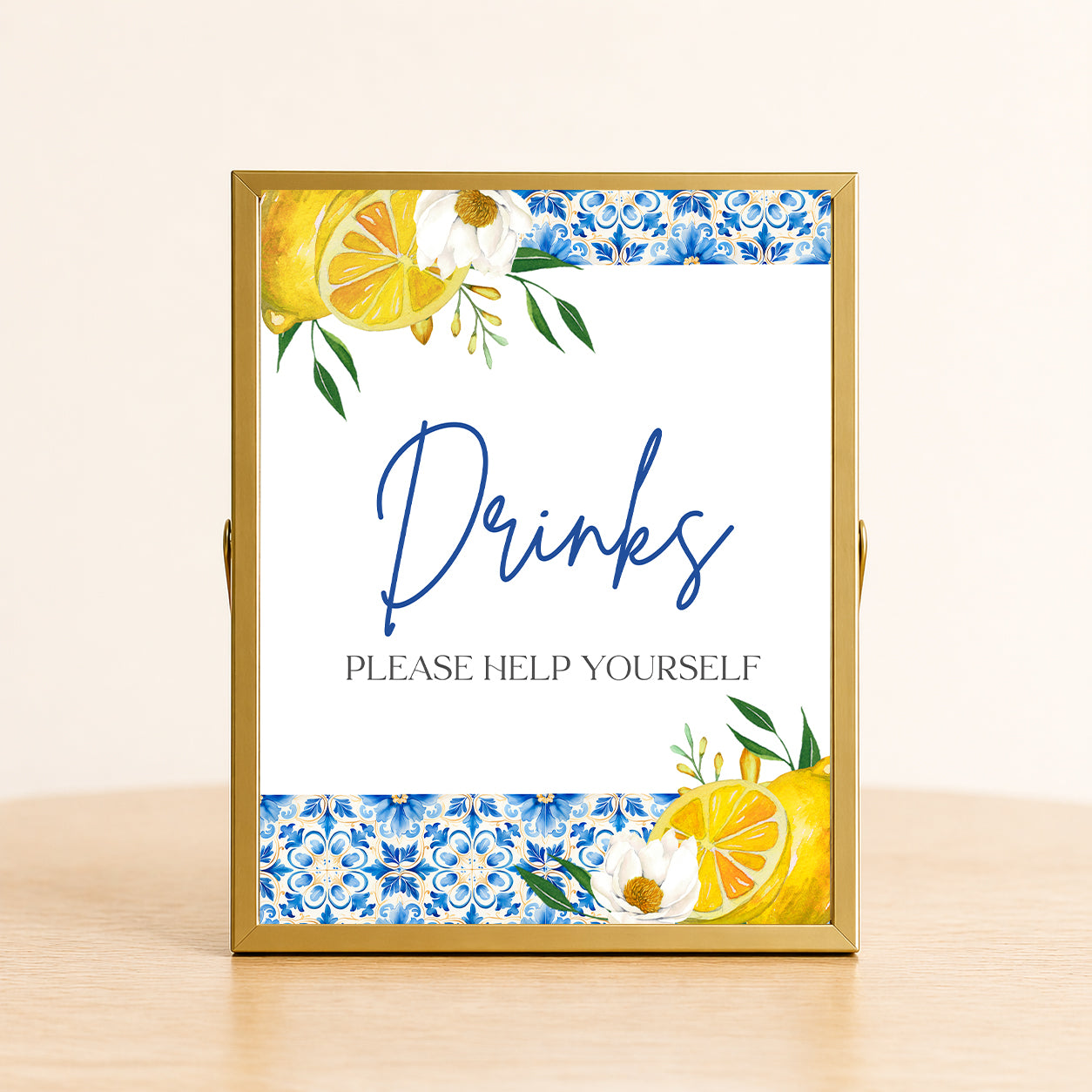 Amalfi Coast lemon drinks sign with blue tile pattern, Mediterranean drink station decor, Italian wedding beverage table sign