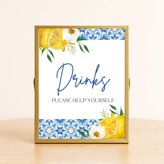 Amalfi Coast lemon drinks sign with blue tile pattern, Mediterranean drink station decor, Italian wedding beverage table sign