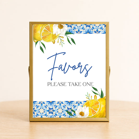 Amalfi Coast lemon favors sign with blue tile pattern, Mediterranean bridal shower decor, Italian citrus wedding favor table sign