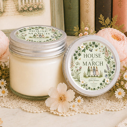 Little Women inspired House of March soy candle with botanical label beside vintage books and blush flowers.