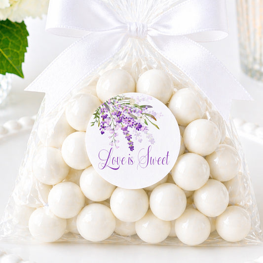 Lavender love is sweet stickers with purple floral design applied to favor bags for bridal shower or wedding favors.