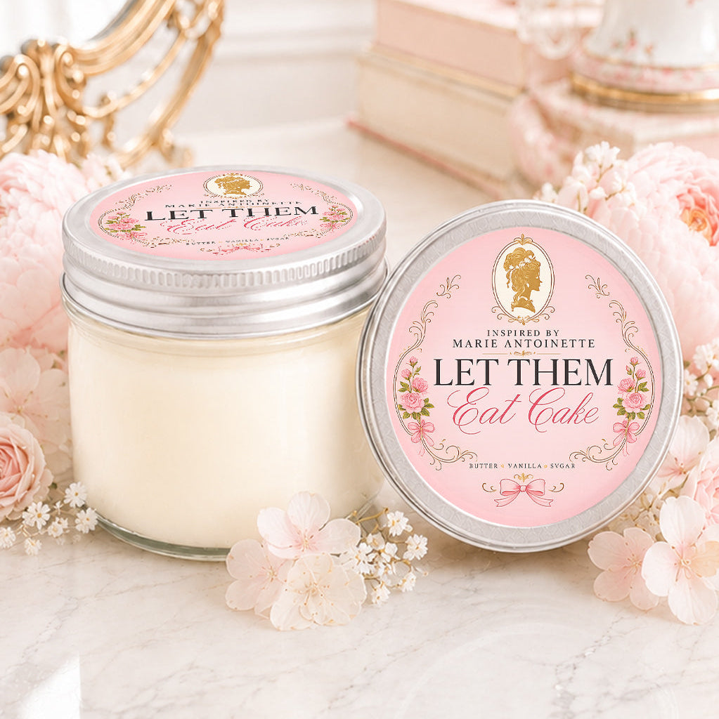 Blush pink Marie Antoinette inspired soy candle with vintage label styling and soft floral feminine decor background.
