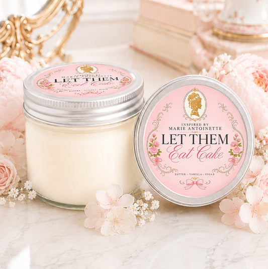 Blush pink Marie Antoinette inspired soy candle with vintage label styling and soft floral feminine decor background.
