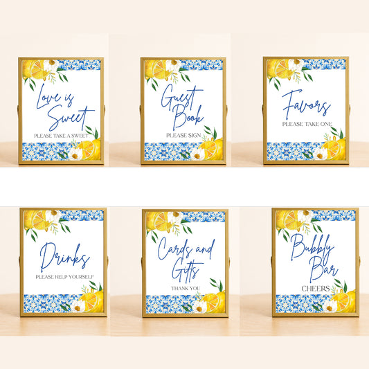 Amalfi Coast wedding sign set with lemon illustrations and blue tile pattern, Mediterranean bridal shower and Italian wedding decor collection