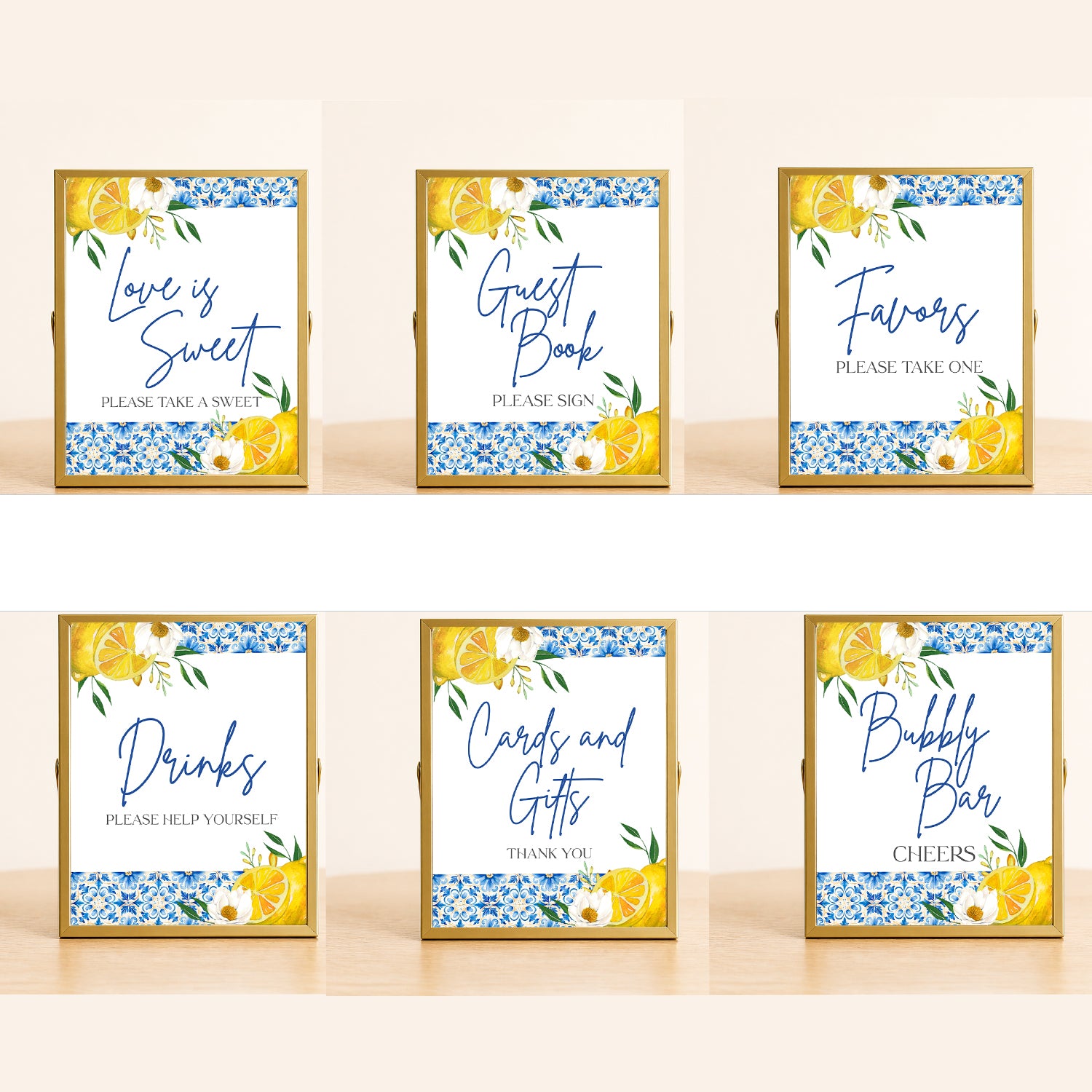 Amalfi Coast wedding sign set with lemon illustrations and blue Mediterranean tile pattern, featuring six framed signs for bridal shower or wedding including guest book, favors, drinks, bubbly bar, and dessert table decor.