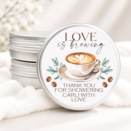Personalized lavender candle favor in a silver tin featuring delicate watercolor lavender flowers and custom event details, displayed on a soft white background.