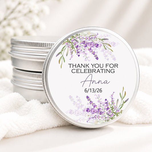 Personalized lavender candle favor in a silver tin featuring delicate watercolor lavender flowers and custom event details, displayed on a soft white background.