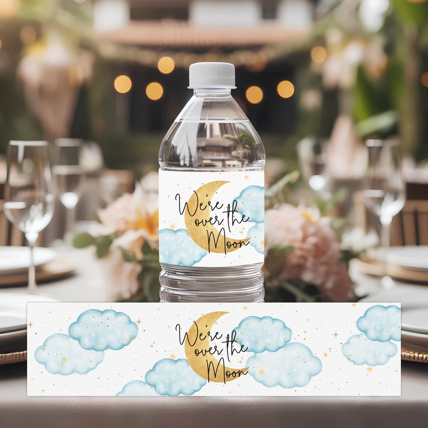 Over the Moon Baby Shower Water Bottle Labels | Set of 12 | Moon & Clouds Theme
