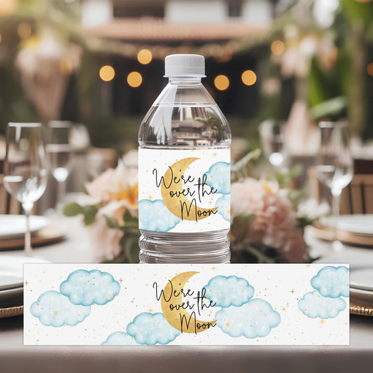 Over the Moon Baby Shower Water Bottle Labels | Set of 12 | Moon & Clouds Theme