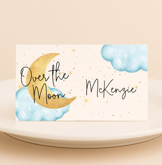 Over the Moon Baby Shower Place Cards | Set of 12 | Moon & Clouds Table Cards