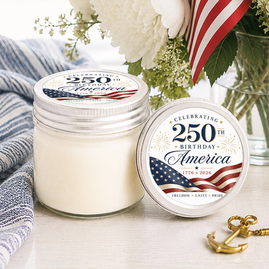 America 250 patriotic soy candle with coastal blue florals, white peonies, and seaside Americana styling.