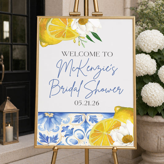 Amalfi Coast lemon welcome sign on easel, Mediterranean bridal shower welcome poster with blue tile pattern and citrus artwork