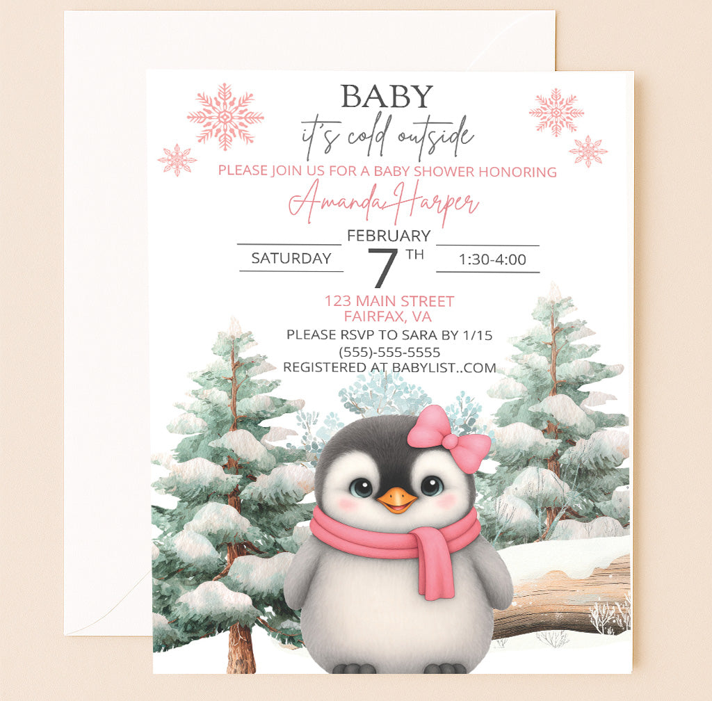 Baby It’s Cold Outside Penguin Baby Shower Invitation – Editable 5x7 Digital Download