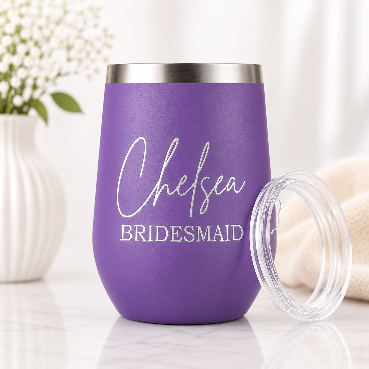Personalized purple insulated wine tumbler with custom laser-engraved name and bridal party title. Features a stainless steel rim, clear lid, and durable double-wall construction, making it a perfect bridal party gift, bridesmaid proposal gift, or wedding day keepsake.