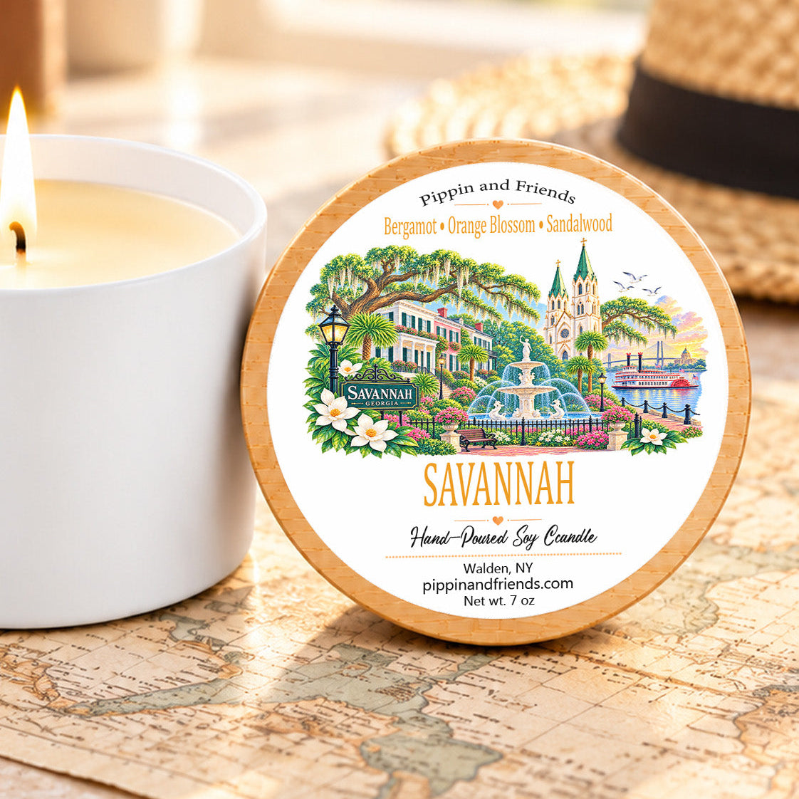 Savannah destination soy candle with orange blossom, bergamot and sandalwood scent in 7 oz white tin with wood-look lid