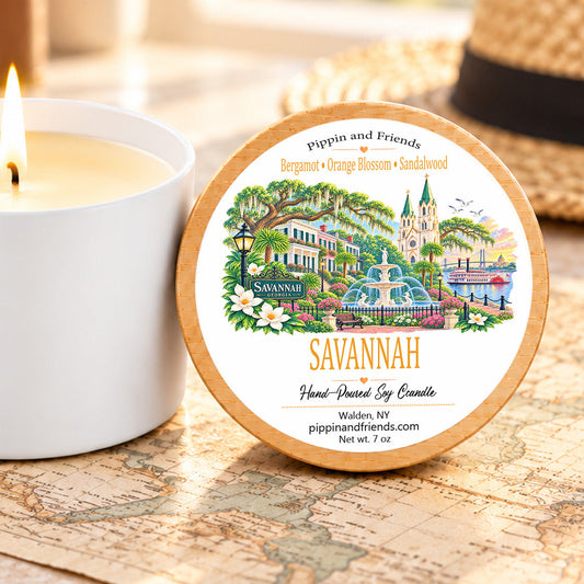 Savannah destination soy candle with orange blossom, bergamot and sandalwood scent in 7 oz white tin with wood-look lid