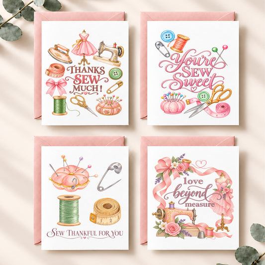 Set of four sewing-themed notecards featuring watercolor sewing machines, thread spools, scissors, buttons, measuring tape, pincushions, ribbons, and floral details. Designs include playful sewing sayings such as “Thanks Sew Much,” “You’re Sew Sweet,” “Sew Thankful for You,” and “Love Beyond Measure,” paired with coordinating blush pink envelopes.