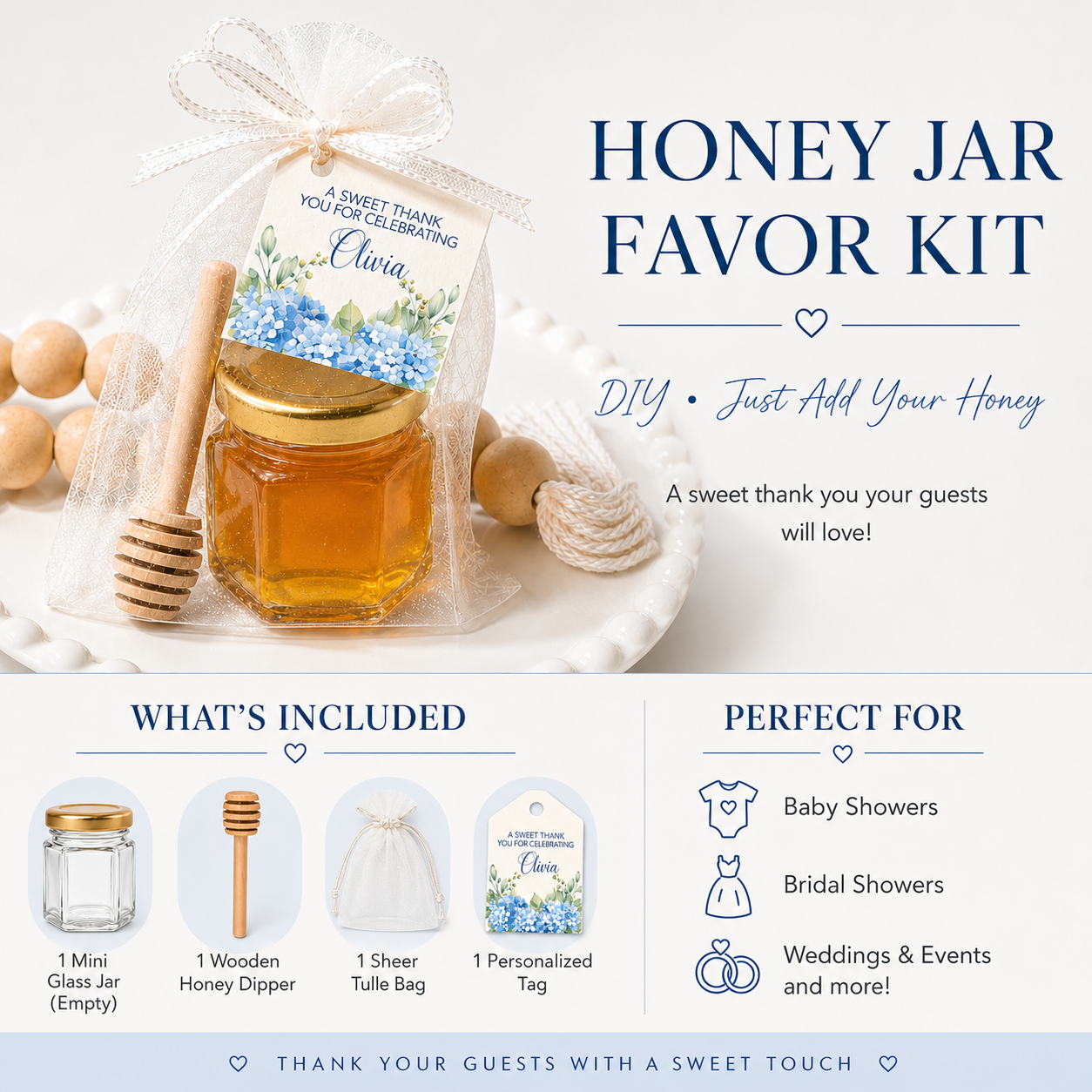 The image is a promotional graphic for a DIY Honey Jar Favor Kit. It features a jar of honey, a wooden honey dipper, a white tule bag, and a personalized tag. The kit is perfect for various occasions such as baby showers, bridal showers, weddings, and events, and includes a mini glass jar, a wooden honey dipper, and a tule bag. The kit is designed to express gratitude to guests with a sweet touch.
